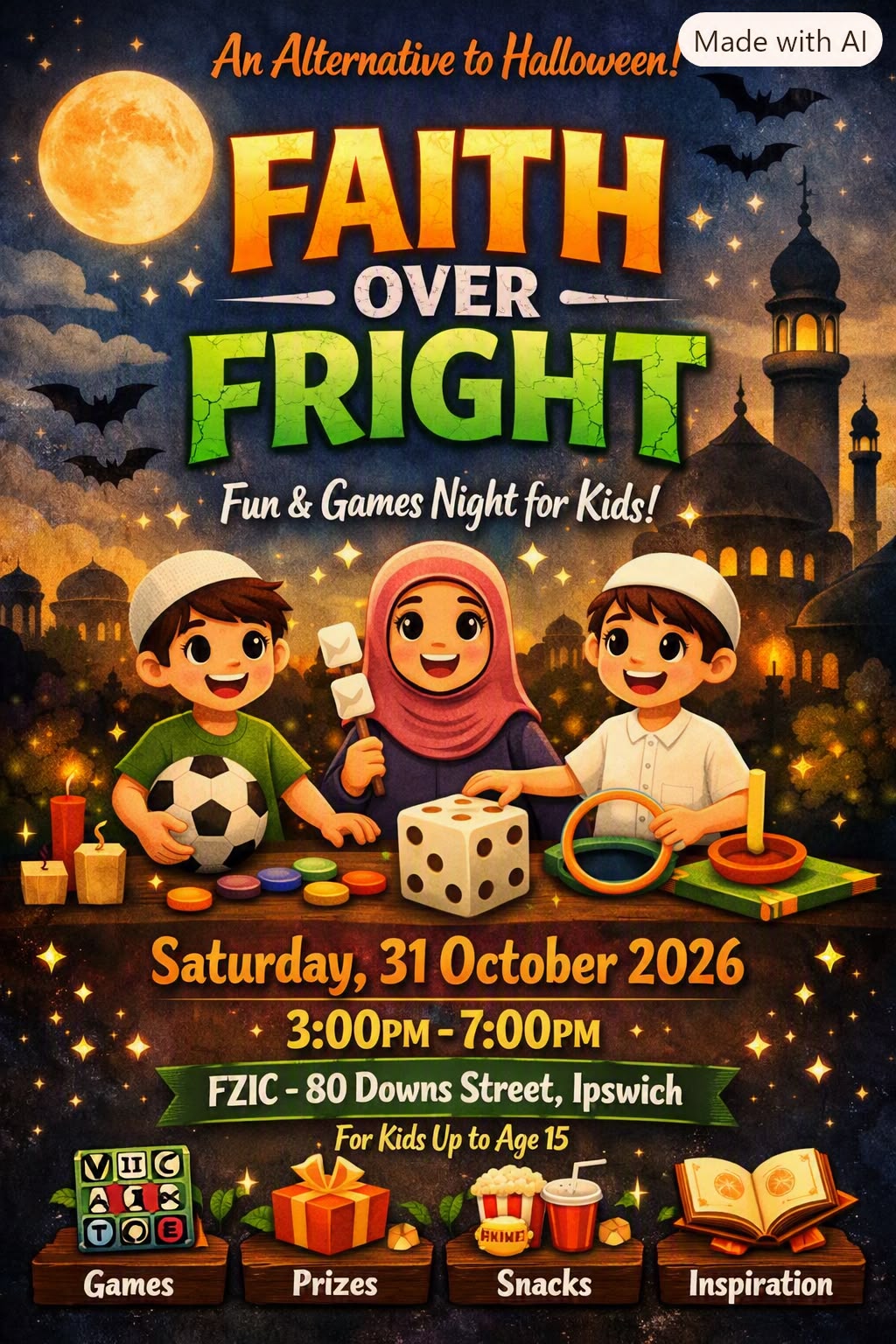 Poster: Faith Over Fright, an alternative to Halloween. Fun and games night for kids, Saturday 31 October 2026, 3:00pm to 7:00pm, at FZIC, 80 Downs Street, Ipswich. For kids up to age 15. Games, prizes, snacks and inspiration. An illustration of three children with a football, dice and a ring toss under a full moon, beside a mosque.